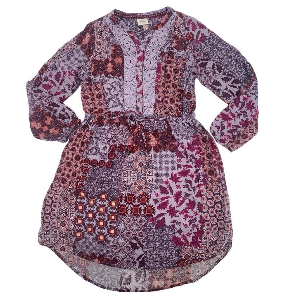 Knox Rose Size L Dress Purple Mixed Print Embroidered Boho Patchwork